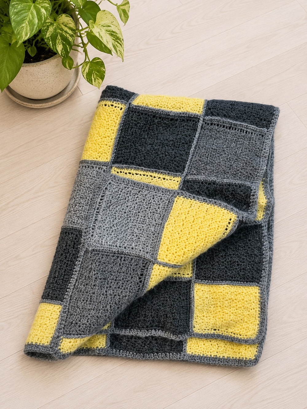 Handmade Patchwork Gray Yellow Blanket Throw Afghan Cottagecore Cabincore Knit
